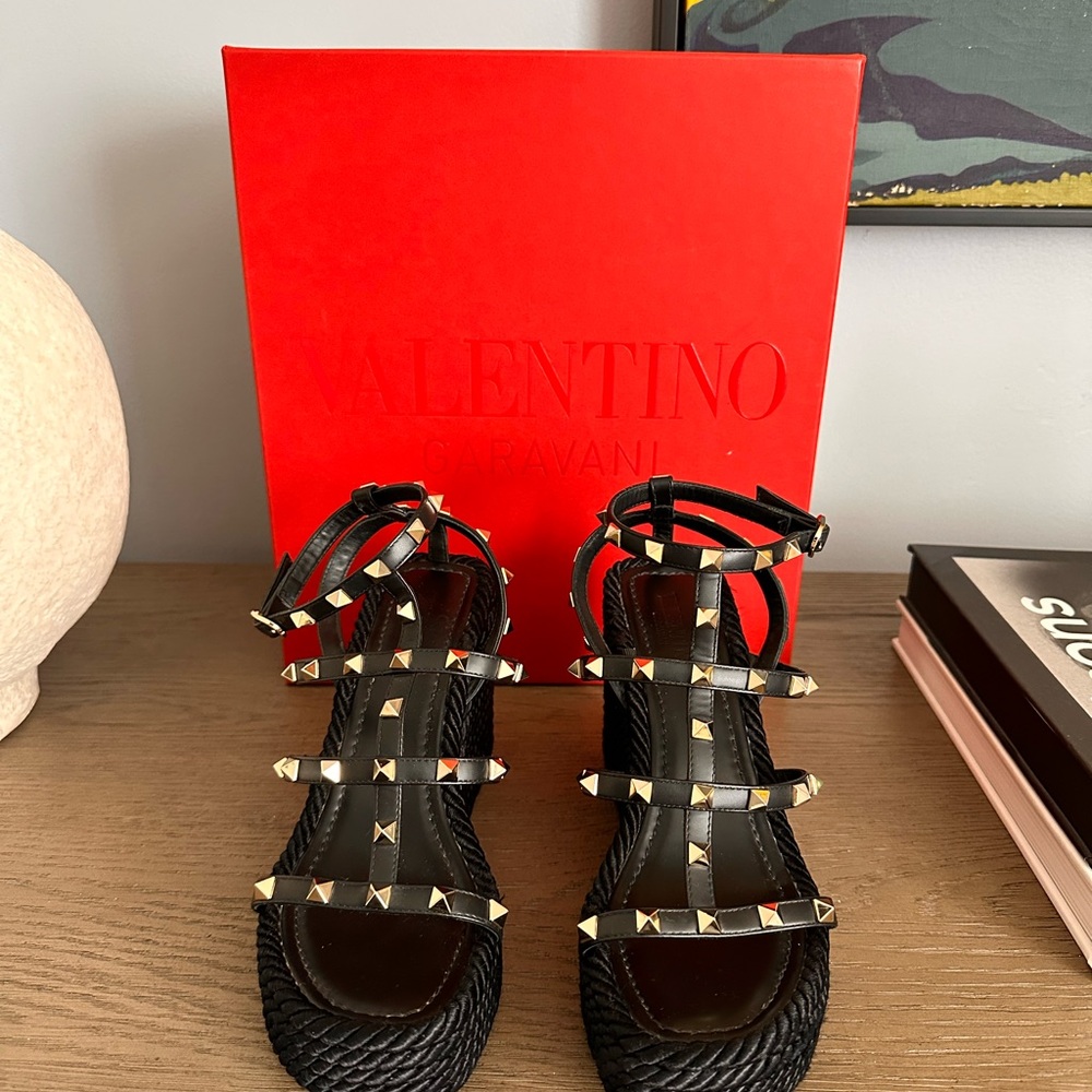 Valentino Black and Gold Studded Sandals